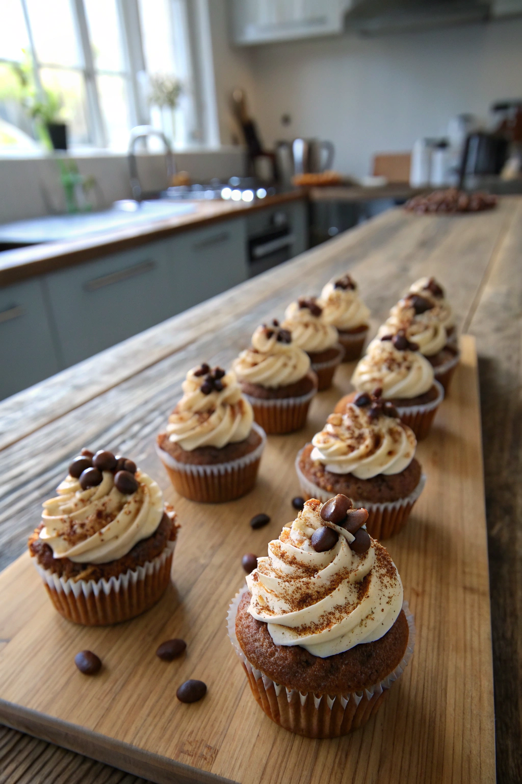 Tiramisu cupcakes with mascarpone frosting, cocoa dusting, and chocolate espresso beans atop, diagonally arranged on rustic wooden table.