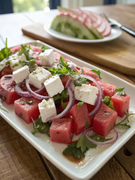 Watermelon Feta Salad with cubed watermelon, crumbled feta, onion rings, and green herbs on white platter. Vibrant summer dish.