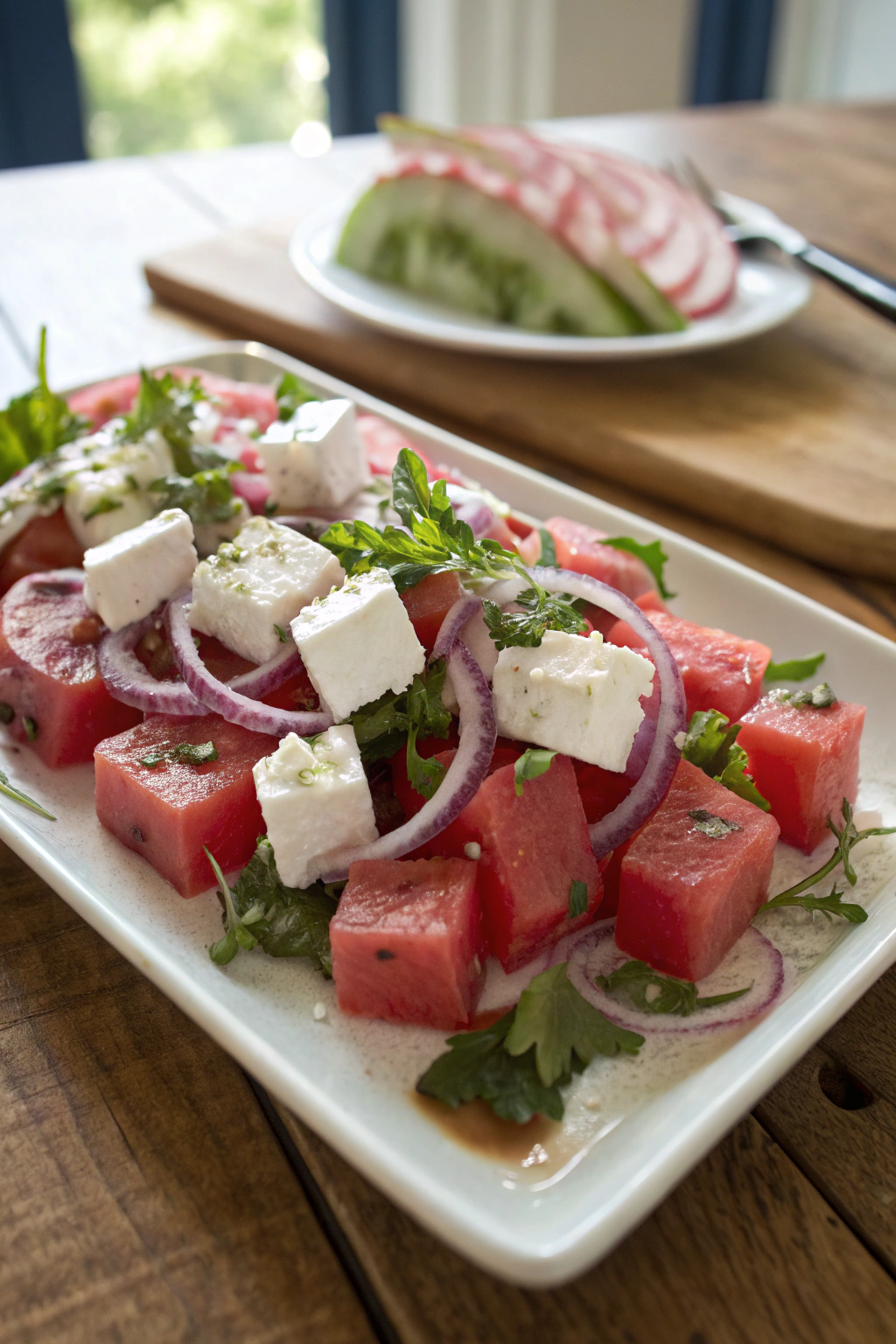 Watermelon Feta Salad with cubed watermelon, crumbled feta, onion rings, and green herbs on white platter. Vibrant summer dish.