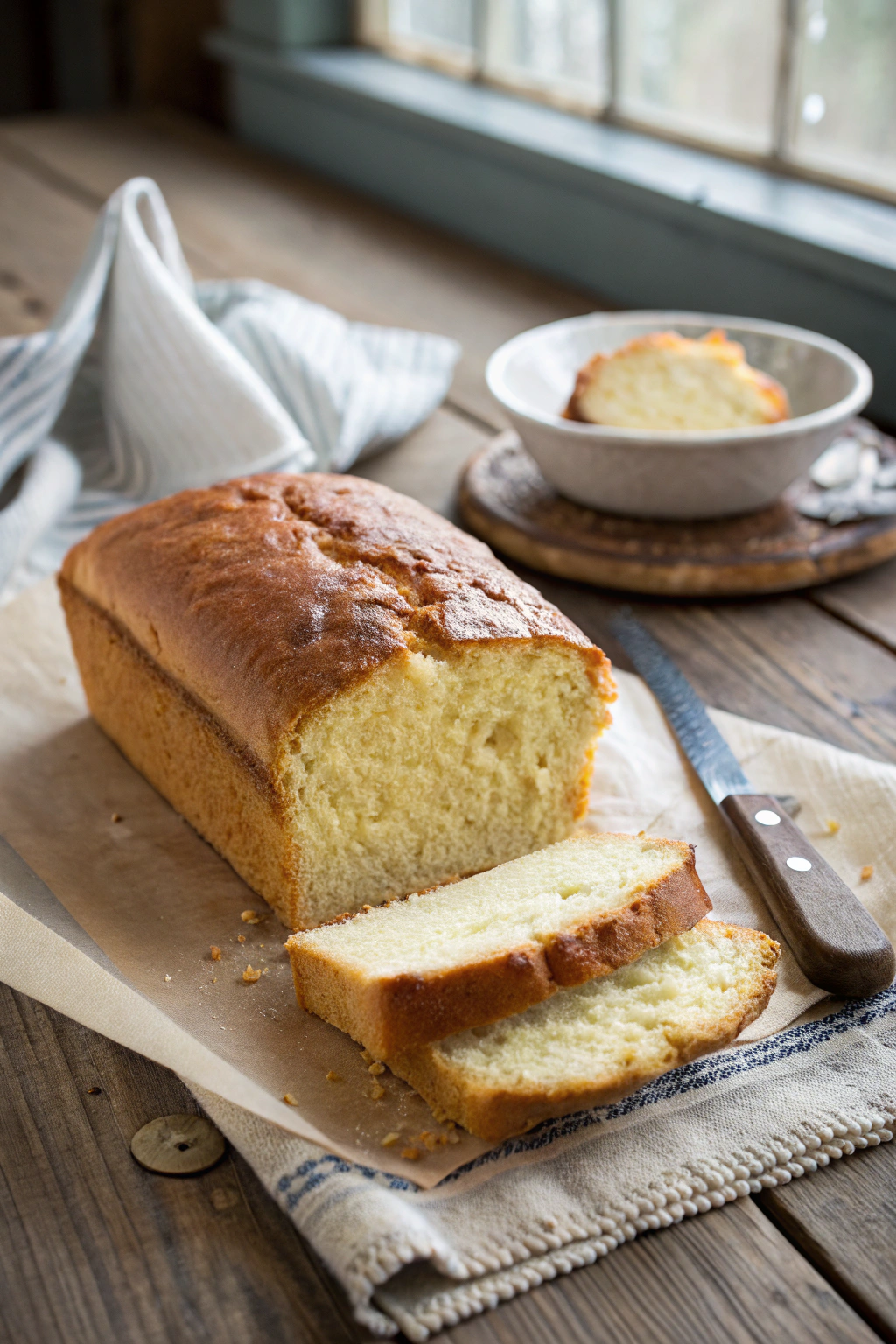 Yogurt bread recipe loaf shot angled on wooden table, fluffy interior shown, golden brown with yogurt texture, kitchen styling.