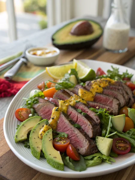 Zesty Steak Salad with sliced medium-rare steak, greens, tomatoes, cucumber & avocado drizzled with citrus dressing in appetizing composed shot.