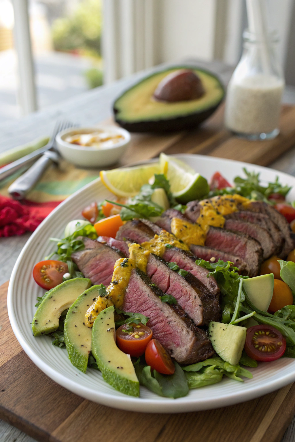 Zesty Steak Salad with sliced medium-rare steak, greens, tomatoes, cucumber & avocado drizzled with citrus dressing in appetizing composed shot.