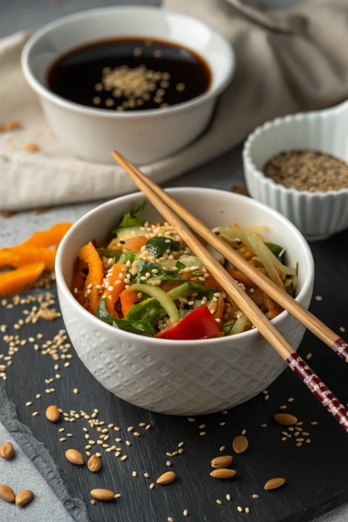 Asian salad recipe featuring crisp vegetables, mandarin oranges, and sesame-ginger dressing in white ceramic bowl