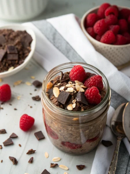 Chocolate overnight oats topped with raspberries and chocolate shavings in a mason jar, viewed from above