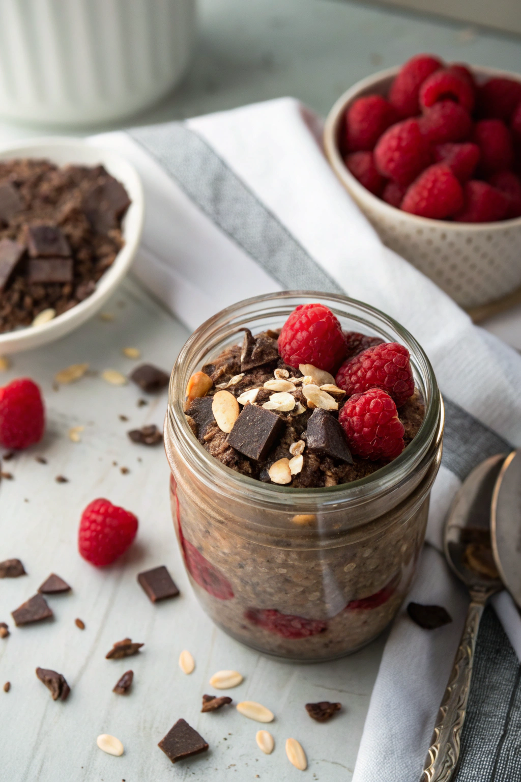 Chocolate overnight oats topped with raspberries and chocolate shavings in a mason jar, viewed from above