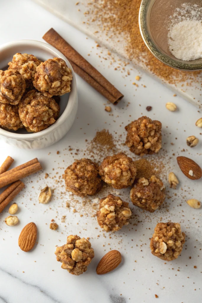 Cinnamon roll granola clusters with maple glaze drizzle and toasted nuts arranged in rustic wooden bowl