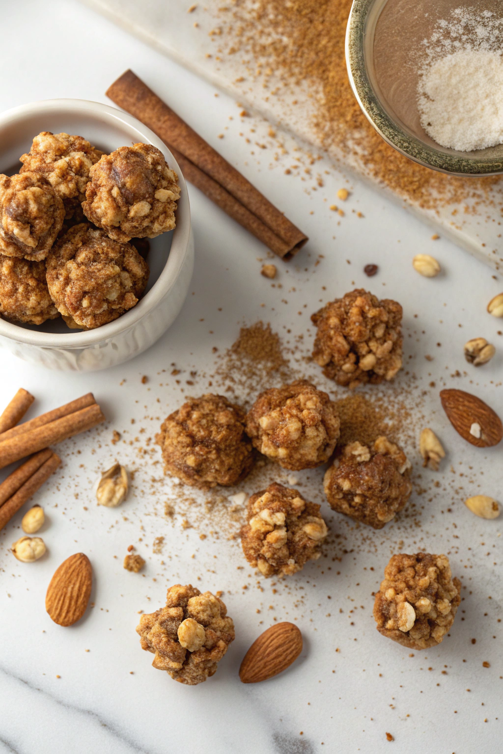 Cinnamon roll granola clusters with maple glaze drizzle and toasted nuts arranged in rustic wooden bowl