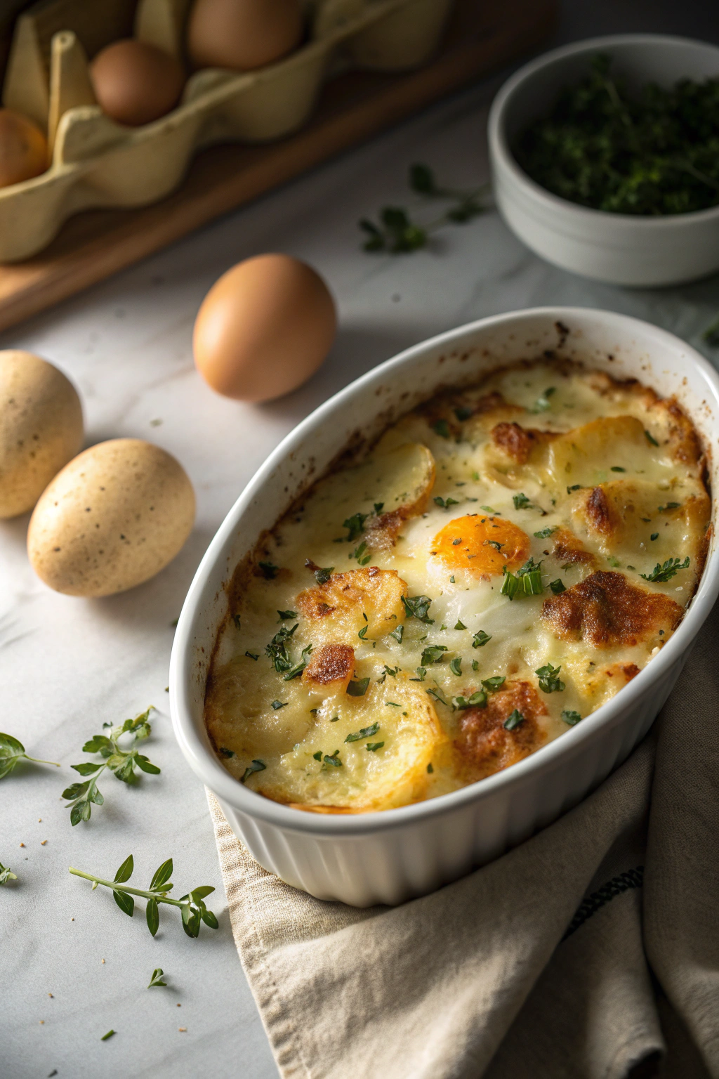 Egg and potato casserole with melted cheese and herbs, golden-brown top, served in a ceramic baking dish