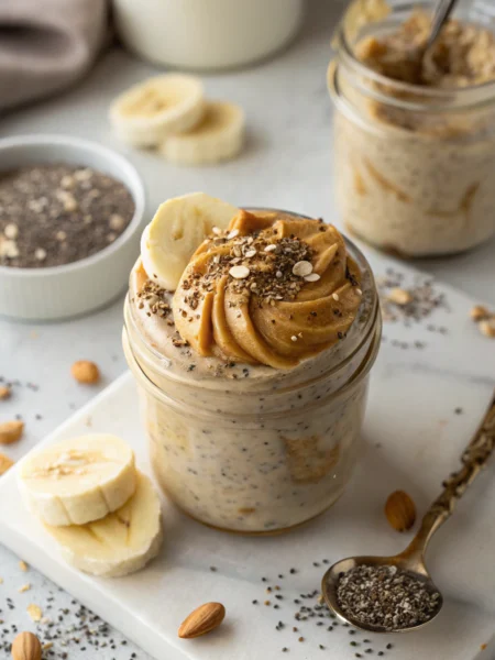 Peanut butter overnight oats topped with banana slices and swirled peanut butter in a mason jar, viewed from above