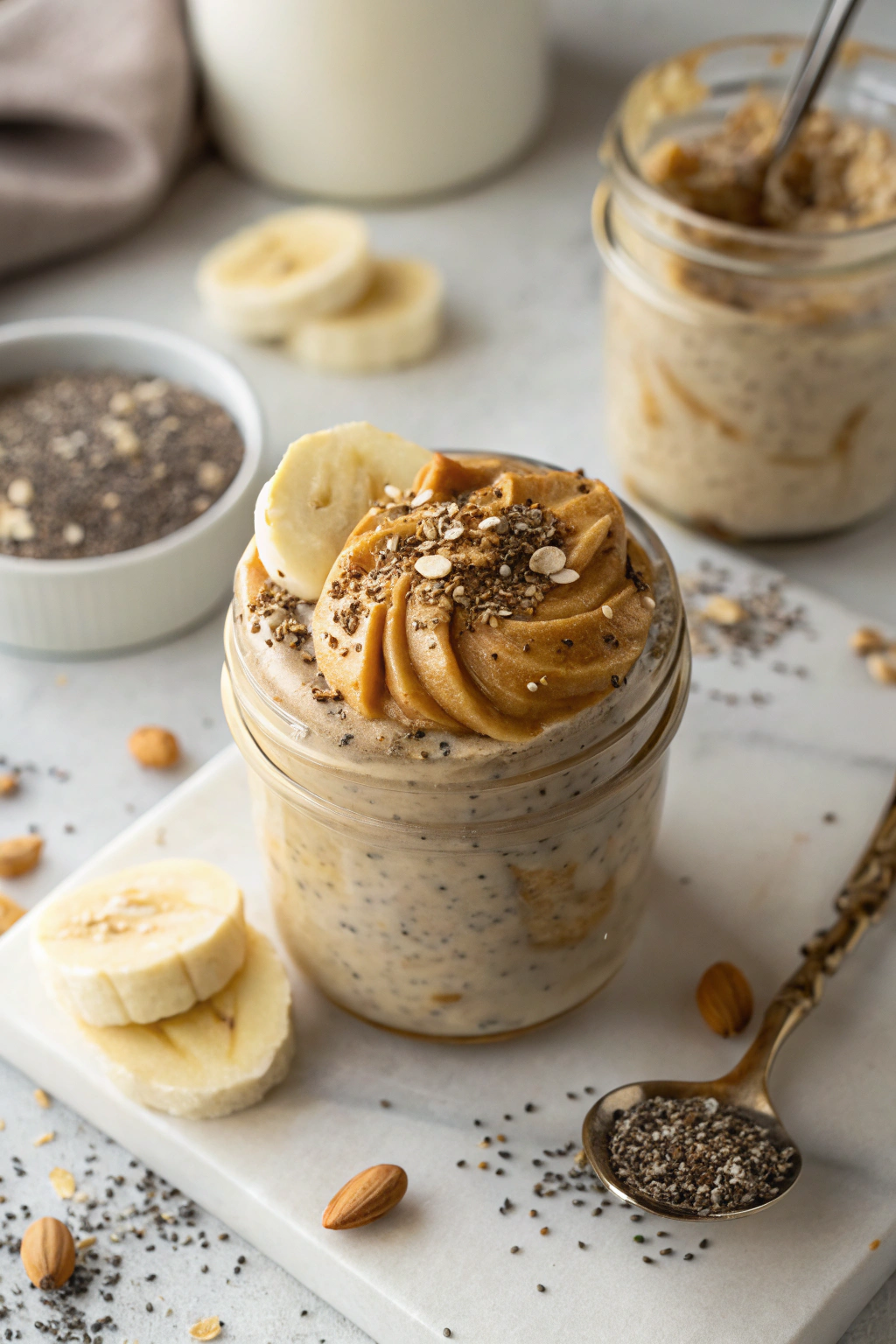 Peanut butter overnight oats topped with banana slices and swirled peanut butter in a mason jar, viewed from above