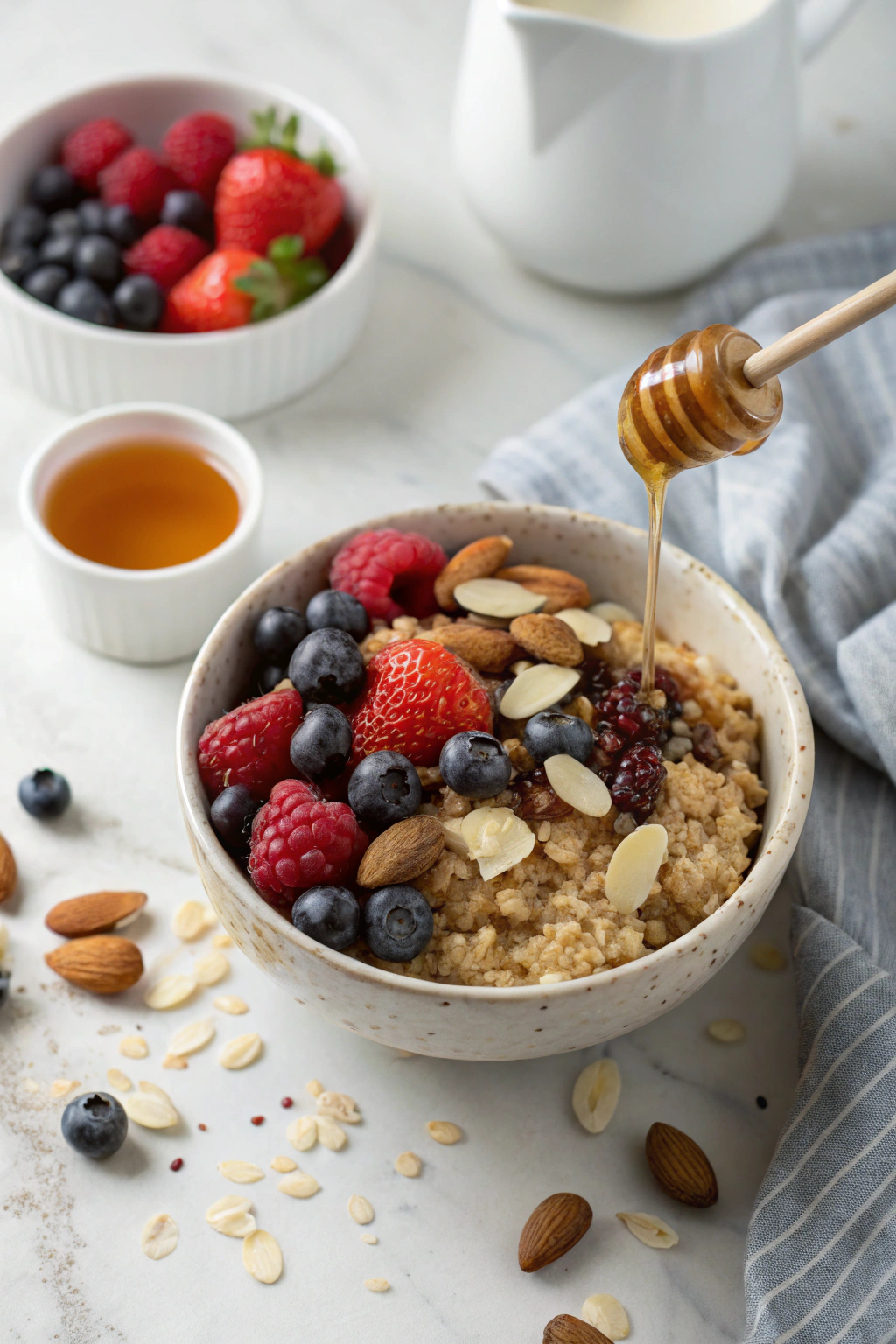 Quinoa breakfast bowl topped with colorful berries, nuts, and golden honey, served on a rustic wooden table with natural lighting