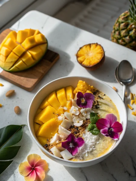 Tropical smoothie bowl with fresh mango, pineapple, and coconut toppings arranged in a white ceramic bowl
