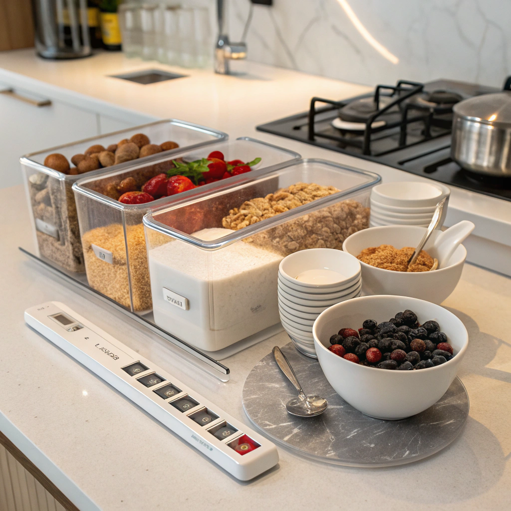 Quick breakfast options organized in a modern kitchen station with clear containers and efficient tool layout