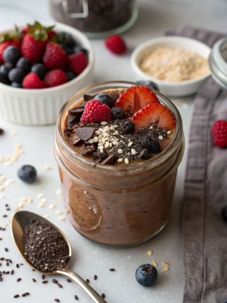 Chocolate protein overnight oats topped with berries and chocolate shavings in a mason jar, viewed from above