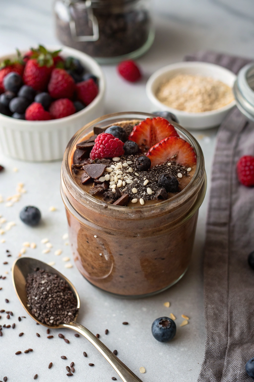 Chocolate protein overnight oats topped with berries and chocolate shavings in a mason jar, viewed from above