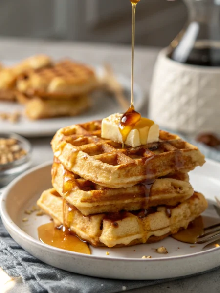 Fluffy waffle stack with melting butter and drizzling maple syrup, showcasing deep golden-brown squares and perfect crispy edges