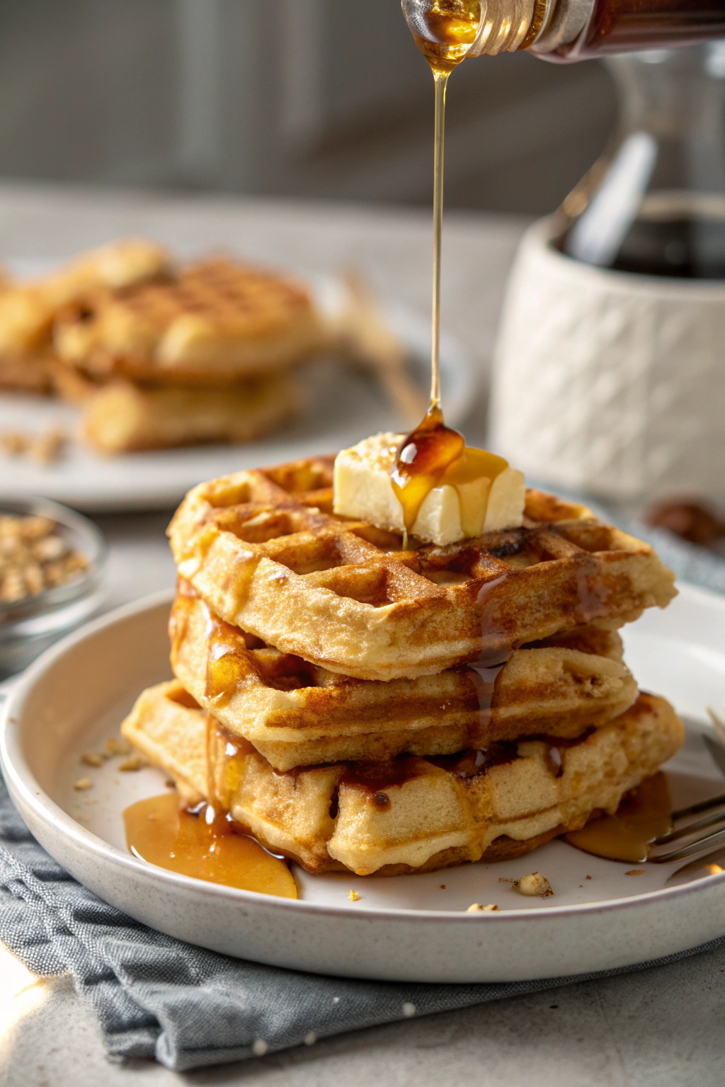 Fluffy waffle stack with melting butter and drizzling maple syrup, showcasing deep golden-brown squares and perfect crispy edges