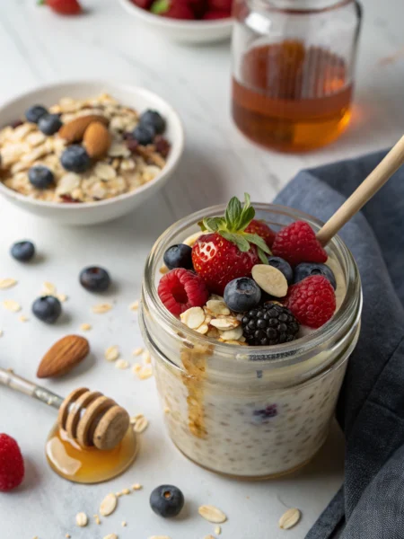 Overnight oats in a mason jar topped with fresh berries, nuts, and honey, served on a wooden surface with morning light