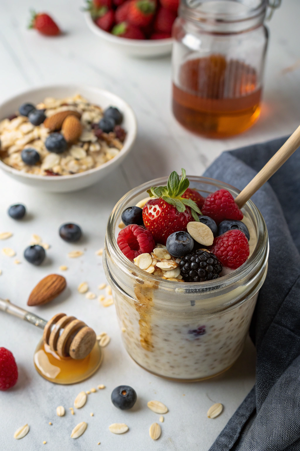 Overnight oats in a mason jar topped with fresh berries, nuts, and honey, served on a wooden surface with morning light