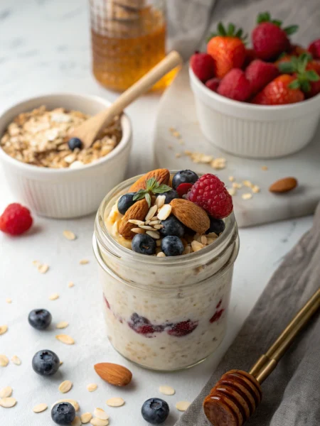 Overnight oats recipe topped with fresh berries and nuts in a mason jar, viewed from above