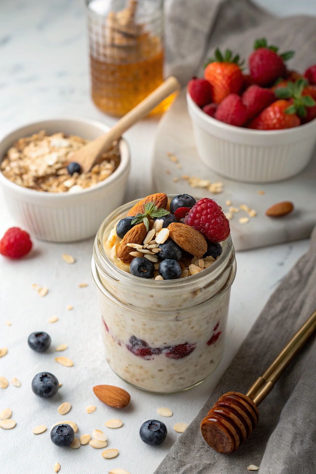 Overnight oats recipe topped with fresh berries and nuts in a mason jar, viewed from above