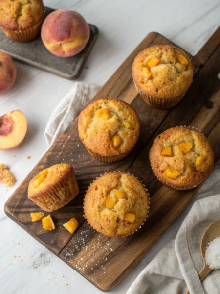 Peach cornbread muffins with visible fruit chunks, golden-brown tops, and tender crumb on rustic wooden board