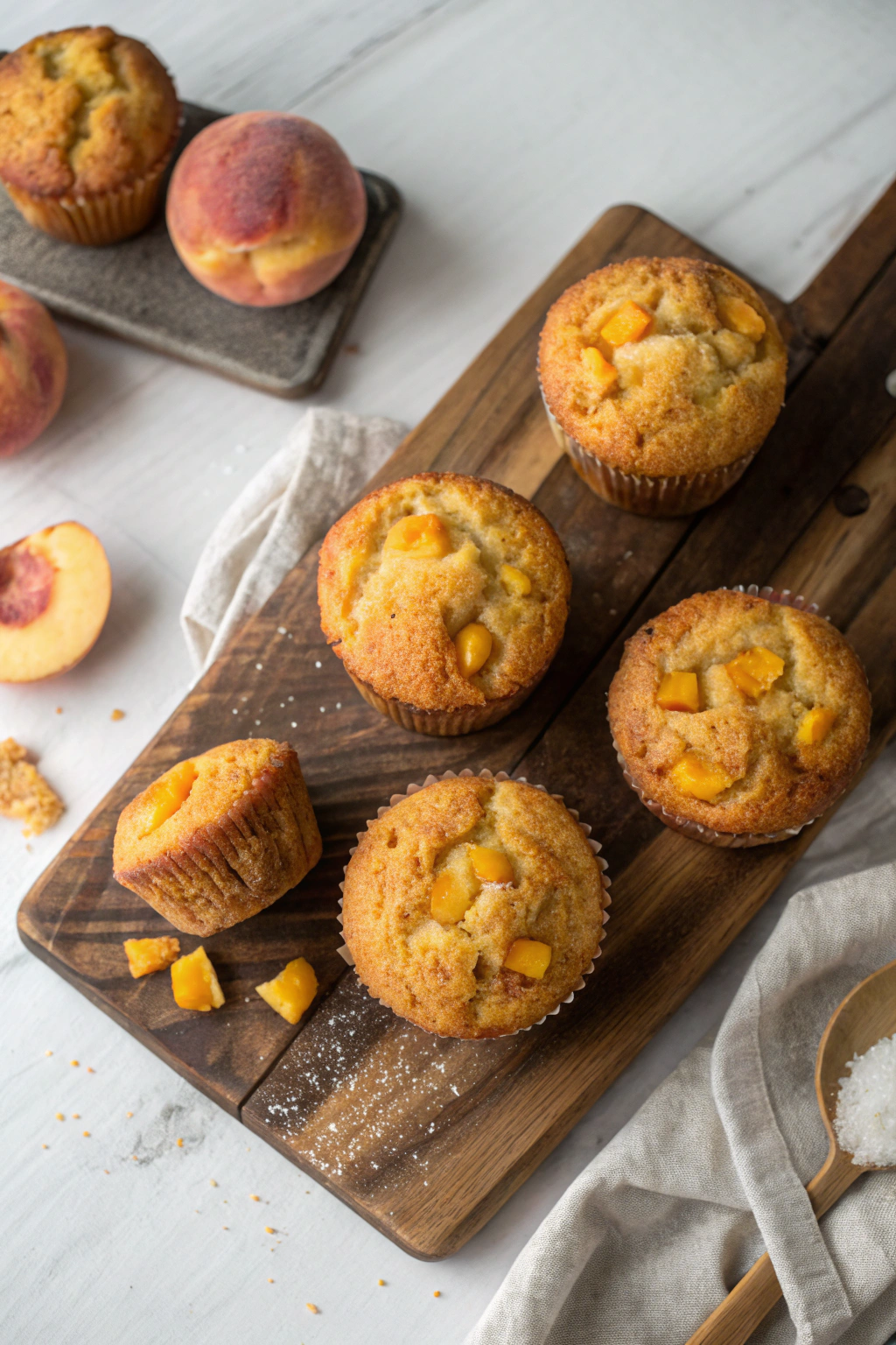Peach cornbread muffins with visible fruit chunks, golden-brown tops, and tender crumb on rustic wooden board
