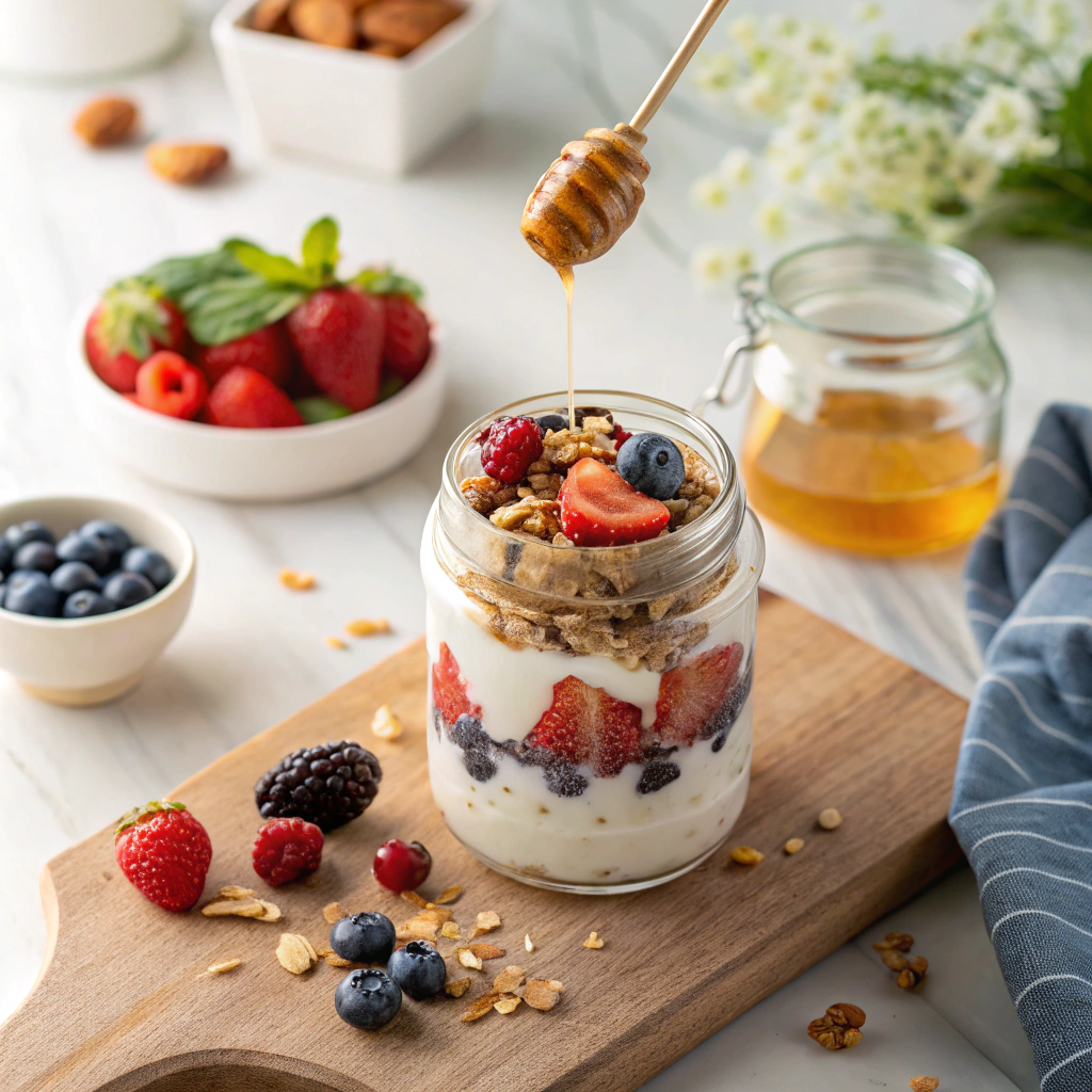 Quick breakfast options - layered yogurt parfait with fresh berries and nuts in mason jar