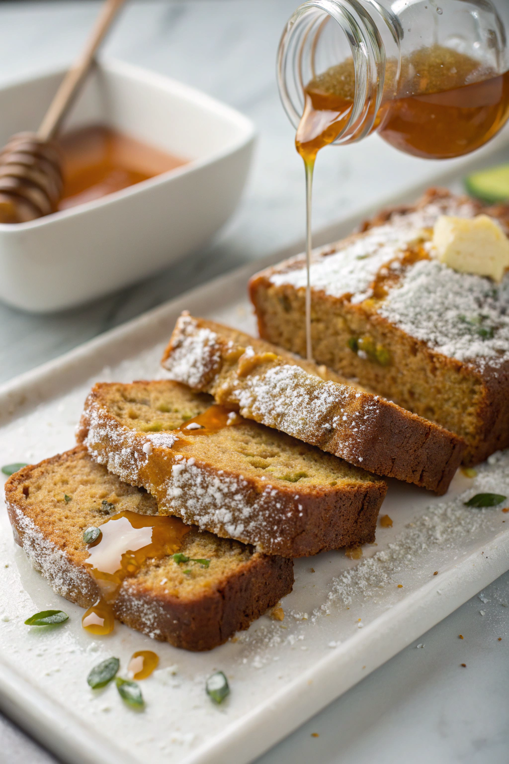 Zucchini bread French toast topped with maple syrup, fresh berries, and powdered sugar on a rustic white plate