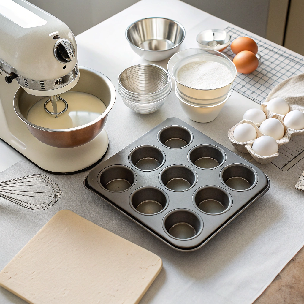 Churro cheesecake bars essential baking tools arranged neatly including pan, mixer, bowls, and measuring equipment