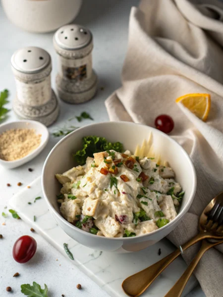 Chicken salad recipe with creamy dressing, grapes, and herbs served on rustic bread, viewed from above