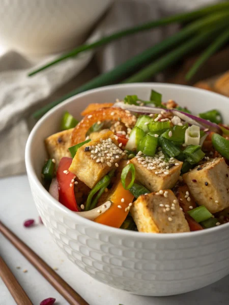Asian tofu salad with crispy tofu cubes, fresh vegetables, and sesame-ginger dressing in white ceramic bowl