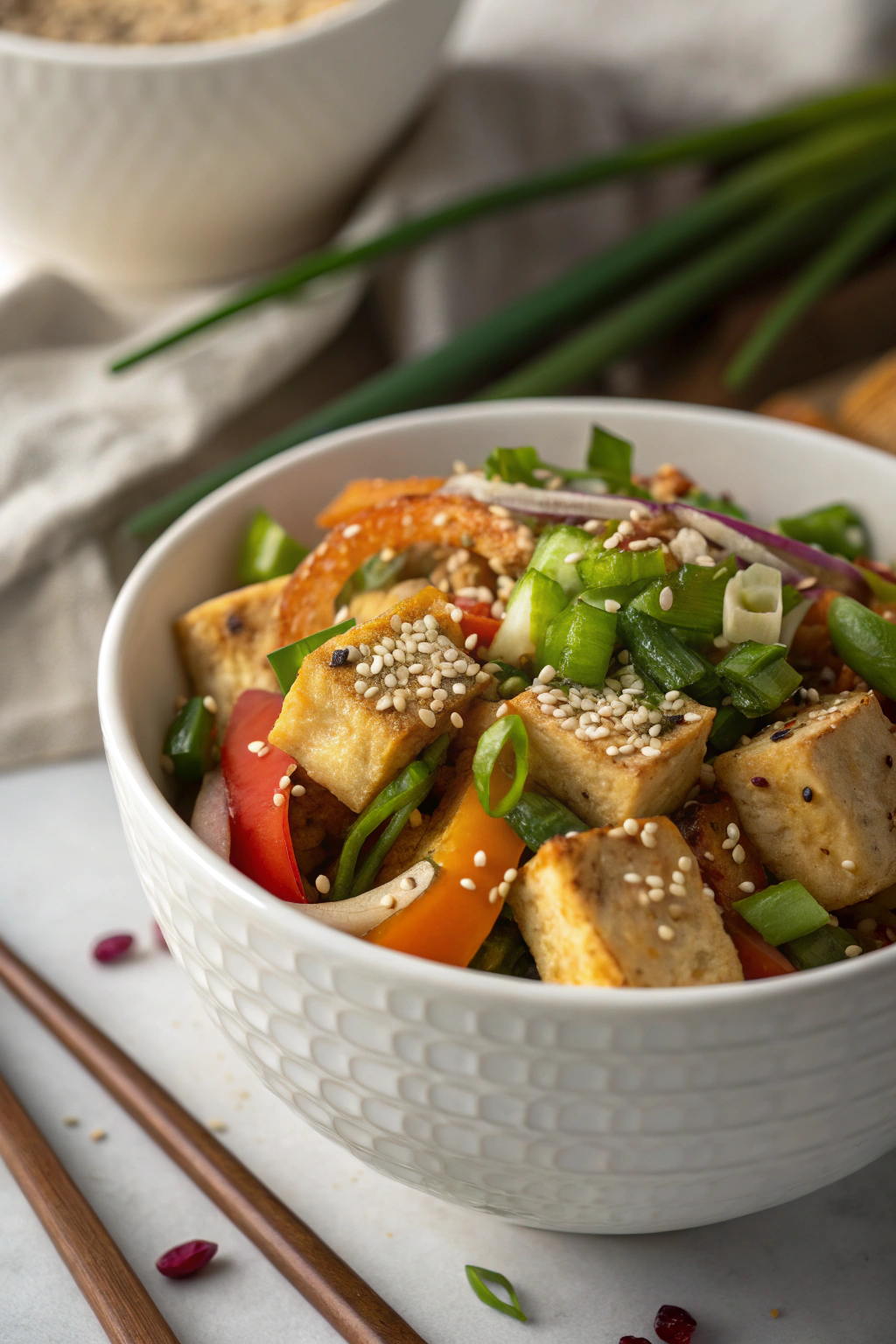 Asian tofu salad with crispy tofu cubes, fresh vegetables, and sesame-ginger dressing in white ceramic bowl