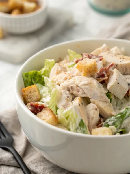 Chicken salad with creamy dressing and fresh herbs in white bowl, perfectly garnished for an appetizing presentation