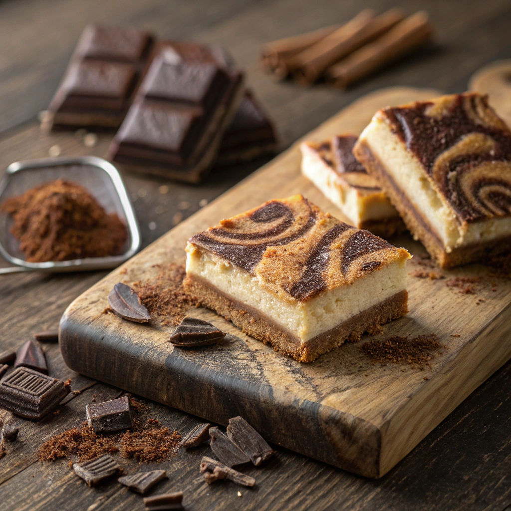 Churro cheesecake bars with Mexican chocolate swirls and cinnamon-sugar coating, topped with chocolate shavings