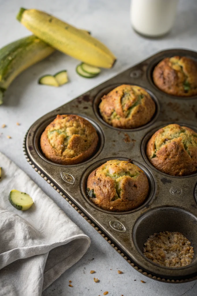 Banana zucchini muffins with golden-brown tops and subtle green flecks, arranged in vintage muffin tin