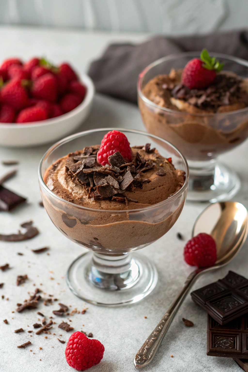Easy chocolate mousse recipe topped with fresh raspberries and chocolate shavings in an elegant crystal glass