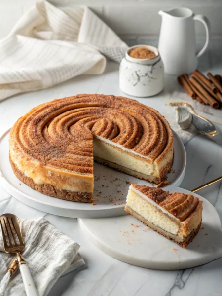 Churro cheesecake with golden cinnamon-sugar crust and creamy filling, one slice removed showing perfect layers