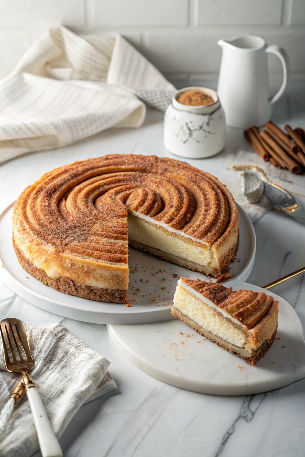 Churro cheesecake with golden cinnamon-sugar crust and creamy filling, one slice removed showing perfect layers