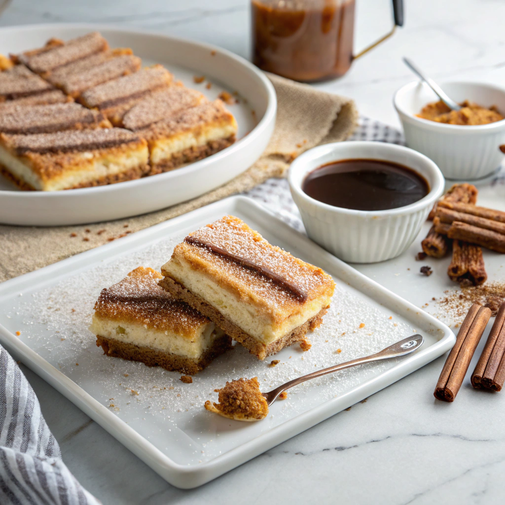 Churro cheesecake bars with golden cinnamon sugar topping served on white ceramic plate