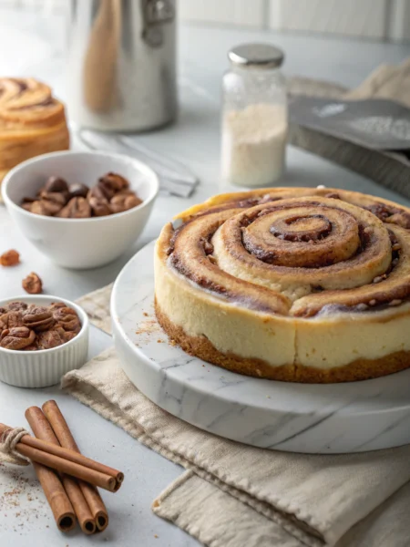 Cinnamon roll cheesecake with perfect swirls and creamy layers, topped with cream cheese glaze and cinnamon sugar