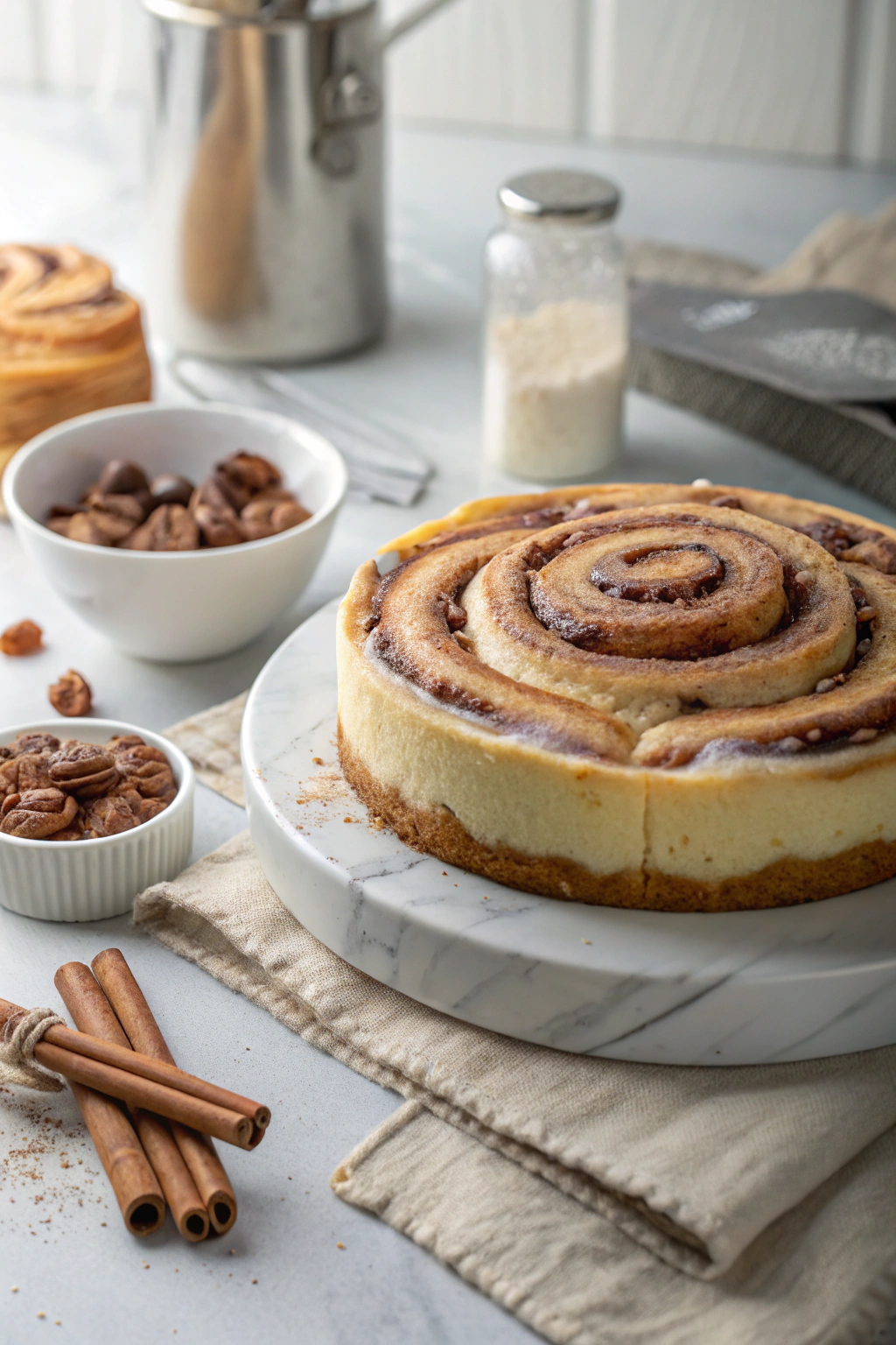 Cinnamon roll cheesecake with perfect swirls and creamy layers, topped with cream cheese glaze and cinnamon sugar