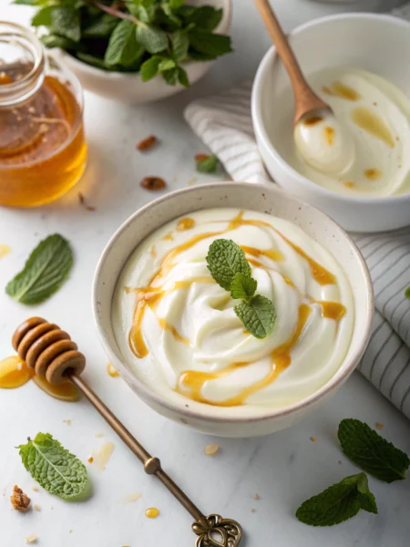 Honey greek yogurt recipe with golden honey swirls and fresh mint garnish in a white ceramic bowl