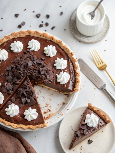 Mississippi mud pie with chocolate shavings and whipped cream showing perfect layers on rustic wooden surface