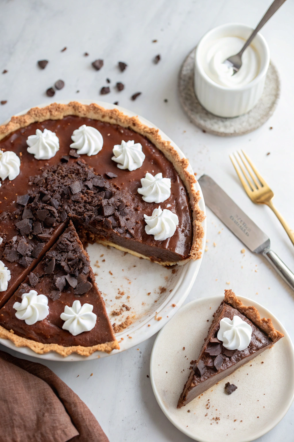 Mississippi mud pie with chocolate shavings and whipped cream showing perfect layers on rustic wooden surface