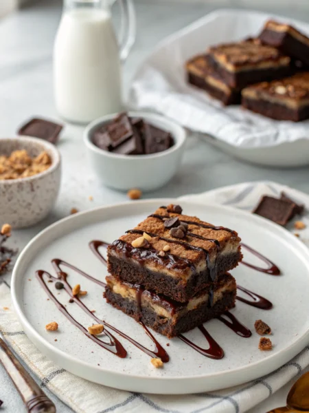 Slutty brownie with three distinct layers - chocolate chip cookie base, Oreo middle, and fudgy brownie top