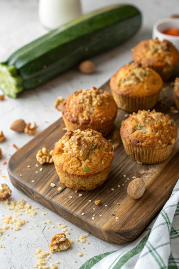 Carrot zucchini muffins with golden tops and visible vegetable shreds, arranged on wooden board with natural lighting