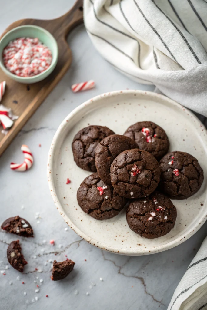 Chocolate peppermint cookies with crushed candy cane topping arranged in a spiral pattern on white ceramic plate