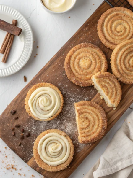 Churro cheesecake cookies dusted with cinnamon sugar, showing creamy centers on wooden board