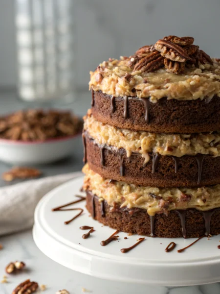 German chocolate cake recipe featuring three moist chocolate layers with classic coconut-pecan frosting, viewed from above